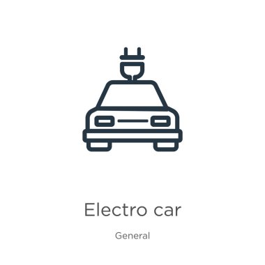Elektro araba ikonu. Genel koleksiyondan izole edilmiş ince doğrusal elektro araba taslak ikonu. Hat vektörü elektro araba işareti, ağ ve mobil sembolü