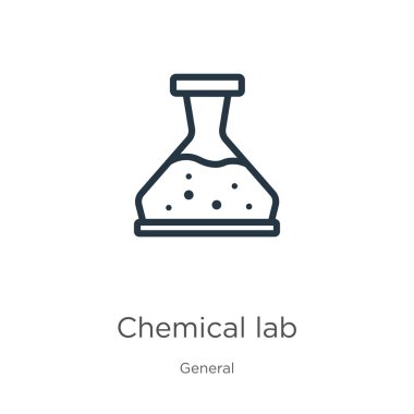 Kimyasal laboratuvar ikonu. Genel koleksiyondan izole edilmiş ince doğrusal kimyasal laboratuvar ana hatları simgesi. Çizgi vektör kimyasal laboratuvar işareti, ağ ve mobil sembolü