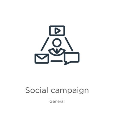 Sosyal kampanya ikonu. Genel koleksiyondan beyaz arkaplanda izole edilmiş ince doğrusal sosyal kampanya ana hatları simgesi. Çizgi vektörü sosyal kampanya işareti, web ve mobil simgesi