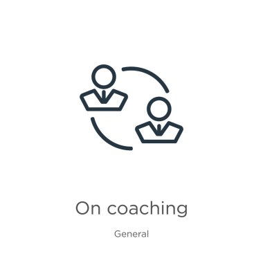 İkonun koçu. Genel koleksiyondan beyaz arkaplanda izole edilmiş taslak simgesi koçluğunda ince doğrusal. Koçluk işaretinde çizgi vektörü, ağ ve mobil sembolü