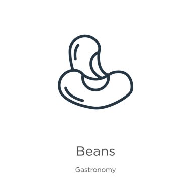 Fasulye ikonu. Beyaz arkaplanda gastronomi koleksiyonundan izole edilmiş ince doğrusal fasulye ana hatları ikonu. Çizgi fasulye işareti, ağ ve mobil sembolü