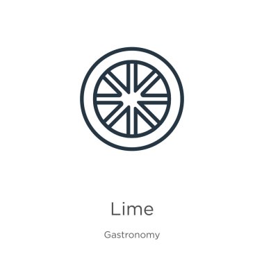 Limon simgesi. Beyaz arkaplanda gastronomi koleksiyonundan izole edilmiş ince doğrusal kireç ana hatları simgesi. Çizgi vektör kireç işareti, ağ ve mobil sembolü