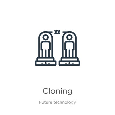 Klonlama simgesi. Gelecekteki teknoloji koleksiyonundan beyaz arkaplanda izole edilmiş ince doğrusal klonlama ana hatları simgesi. Satır vektör klonlama işareti, ağ ve mobil sembolü