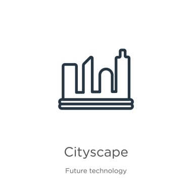 Şehir manzarası ikonu. Gelecekteki teknoloji koleksiyonundan beyaz arkaplanda izole edilmiş ince doğrusal şehir çizgisi ana hatları simgesi. Çizgi vektör şehir çizgisi işareti, ağ ve mobil sembolü