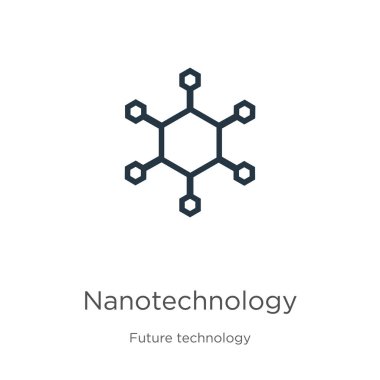 Nanoteknoloji ikonu. Gelecekteki teknoloji koleksiyonundan beyaz arka planda izole edilmiş ince doğrusal nanoteknoloji taslak ikonu. Çizgi vektörü nanoteknoloji işareti, ağ ve mobil sembolü