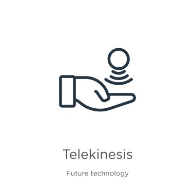 Telekinezi simgesi. Gelecekteki teknoloji koleksiyonundan beyaz arkaplanda izole edilmiş ince doğrusal telekinezi anahat ikonu. Çizgi vektörü telekinezi işareti, ağ ve mobil sembolü