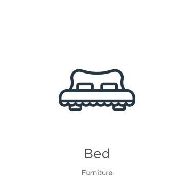 Yatak ikonu. Beyaz arkaplanda mobilya koleksiyonundan izole edilmiş ince doğrusal yatak ana hatları simgesi. Çizgi vektör yatak işareti, ağ ve mobil sembolü
