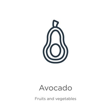 Avokado ikonu. İnce doğrusal avokado taslak simgesi, beyaz arkaplanda meyve koleksiyonundan izole edilmiş. Çizgi vektör avokado işareti, ağ ve mobil sembolü