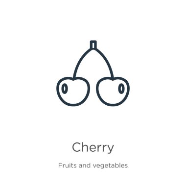 Kiraz ikonu. Beyaz arkaplanda meyve koleksiyonundan izole edilmiş ince doğrusal kiraz ana hatları simgesi. Çizgi vektör kiraz işareti, ağ ve mobil sembolü