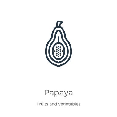 Papaya ikonu. İnce doğrusal papaya ana ana hatları beyaz arkaplanda meyve koleksiyonundan izole edilmiş. Çizgi vektör papaya işareti, ağ ve mobil sembolü