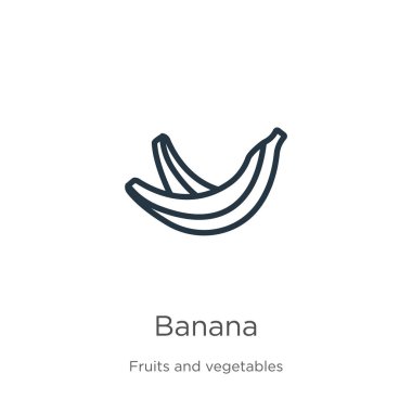 Muz ikonu. İnce doğrusal muz taslak simgesi, meyve koleksiyonundan beyaz arkaplanda izole edilmiş. Çizgi vektör işareti, ağ ve mobil sembolü