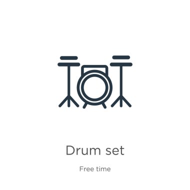 Davul seti simgesi. İnce doğrusal davul ana hatları simgesi beyaz arkaplandaki hobi koleksiyonundan izole edildi. Satır vektör bateri kümesi işareti, ağ ve mobil sembolü