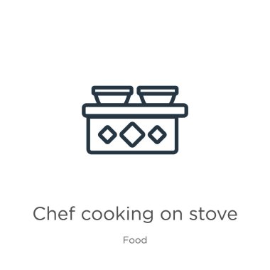 Aşçı fırın ikonunda yemek yapıyor. Ocakta yemek pişiren ince doğrusal şef yemek koleksiyonundan beyaz arka planda izole edilmiş bir ikon. Hat vektör şefi fırın işaretinde yemek pişiriyor, web ve mobil sembolü