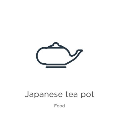 Japon çay demliği ikonu. İnce doğrusal Japon çay demliği ana hatları yemek koleksiyonundan beyaz arka planda izole edilmiş. Hat vektörü Japon çay demliği işareti, ağ ve mobil sembolü
