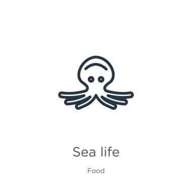 Deniz yaşamı ikonu. İnce doğrusal deniz ana hatları yiyecek koleksiyonundan beyaz arka planda izole edilmiş ikon. Çizgi vektör deniz yaşam işareti, ağ ve mobil sembolü