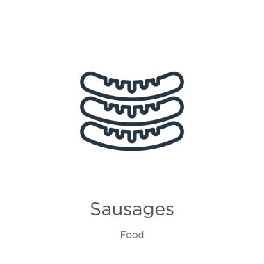 Sosis ikonu. İnce doğrusal sosisler yemek koleksiyonundan beyaz arkaplanda izole edilmiş bir ikon. Çizgi vektör sosisleri işareti, ağ ve mobil sembolü