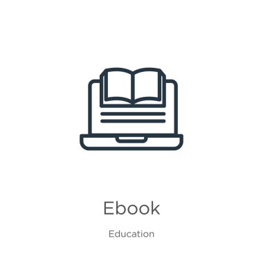 Ebook simgesi. İnce doğrusal defter taslak simgesi beyaz arkaplanda eğitim koleksiyonundan izole edildi. Satır vektör defteri işareti, ağ ve mobil sembolü