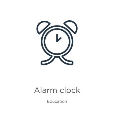 Alarm saat simgesi. İnce doğrusal alarm saat ana hatları simgesi beyaz arkaplanda eğitim koleksiyonundan izole edildi. Satır vektör alarm işareti, ağ ve mobil simgesi