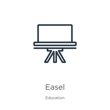 Easel simgesi. Eğitim koleksiyonundan beyaz arkaplanda izole edilmiş ince çizgisel taslak taslak simgesi. Satır vektör tabela işareti, ağ ve mobil sembolü