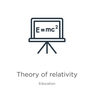 İzafiyet ikonu teorisi. İzafiyet anahatlarının ince doğrusal teorisi beyaz arka planda eğitim koleksiyonundan izole edilmiş ikon. İzafiyet işaretinin çizgi vektör teorisi, ağ ve mobil sembolü