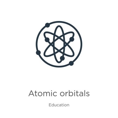 Atomik yörünge simgesi. İnce doğrusal atomik yörüngeler eğitim koleksiyonundan beyaz arkaplanda izole edilmiş ana hatlar simgesi. Çizgi vektörü atomik yörüngeler işareti, ağ ve mobil sembolü