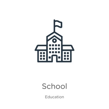 Okul ikonu. İnce doğrusal okul taslak simgesi beyaz arkaplanda eğitim koleksiyonundan izole edildi. Çizgi vektör okulu işareti, ağ ve mobil sembolü