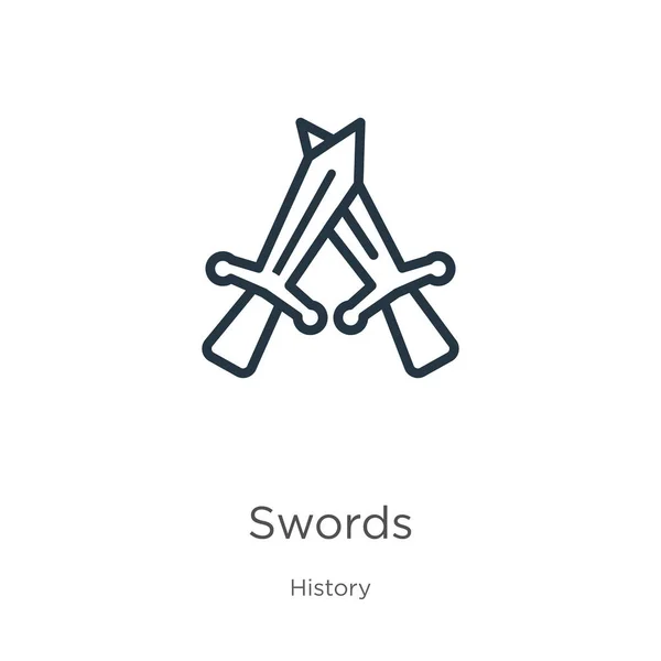 Swords icon. Thin linear swords outline icon isolated on white background from history collection. Line vector swords sign, symbol for web and mobile — Stock Vector