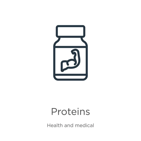Icono de proteínas. Proteínas lineales delgadas esbozan icono aislado sobre fondo blanco de la colección de salud. Línea de señal de proteínas vectoriales, símbolo para web y móvil — Vector de stock