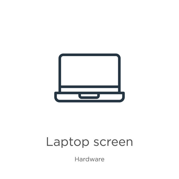 Значок экрана ноутбука. Тонкая линейная иконка экрана ноутбука, выделенная на белом фоне из коллекции аппаратного обеспечения. Экран векторного ноутбука, символ для веб и мобильных телефонов
