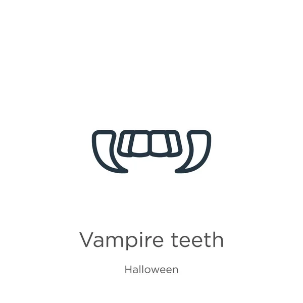 吸血鬼の歯のアイコン細い線形の吸血鬼の歯の輪郭アイコンはハロウィンコレクションから白い背景に隔離されています。ラインベクトル吸血鬼の歯のサイン、ウェブとモバイル用のシンボル — ストックベクタ