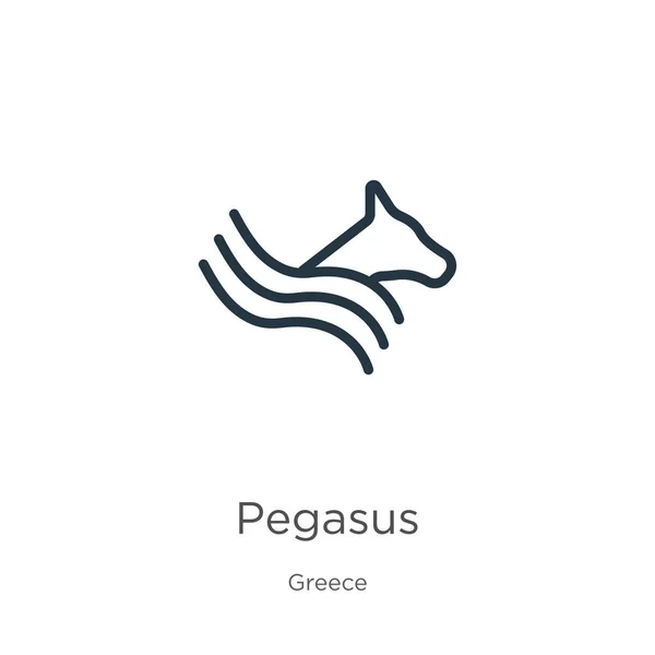 Pegasus ikonu. Yunan koleksiyonundan izole edilmiş ince doğrusal pegasus ana hatları simgesi. Çizgi vektör pegasus işareti, ağ ve mobil sembolü — Stok Vektör