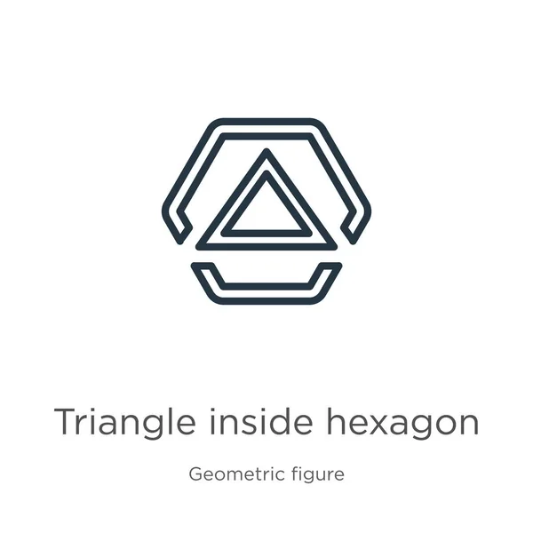 Трикутник всередині піктограми шестикутника. Тонкий лінійний трикутник всередині піктограми шестикутника, ізольований на білому тлі від колекції геометрії. Векторний трикутник лінії всередині знака шестикутника, символ для Інтернету і — стоковий вектор