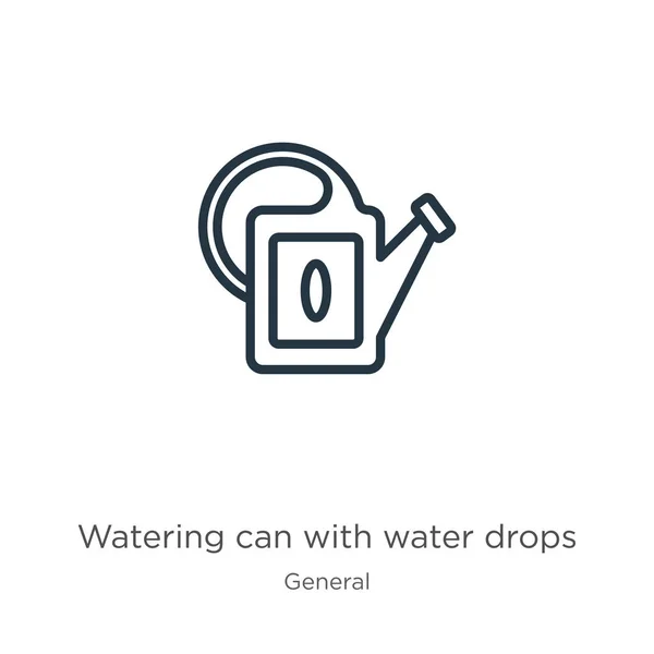 Riego lata con gotas de agua icono. Lata de riego lineal delgada con gotas de agua icono de contorno aislado sobre fondo blanco de la colección general. Línea vectorial regadera con gotas de agua signo, símbolo — Vector de stock