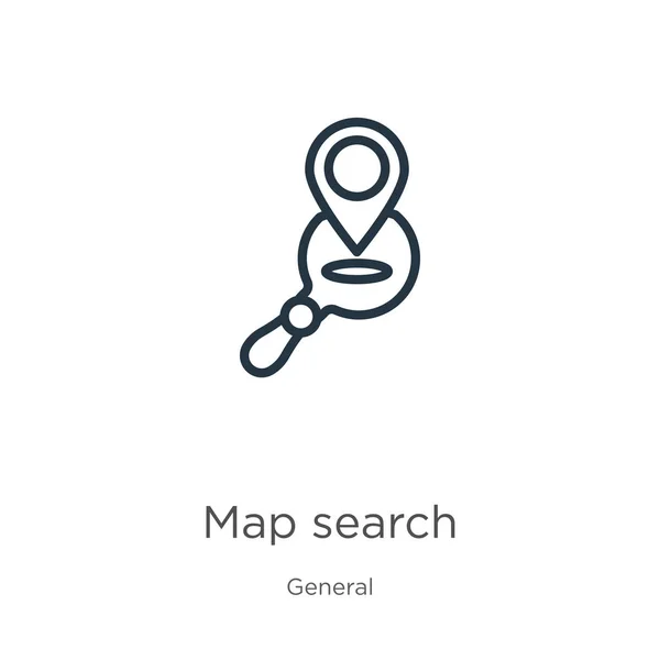 Icône de recherche de carte. Mince icône de contour linéaire de recherche cartographique isolée sur fond blanc de la collection générale. Signe de recherche de carte vectorielle de ligne, symbole pour le Web et mobile — Image vectorielle