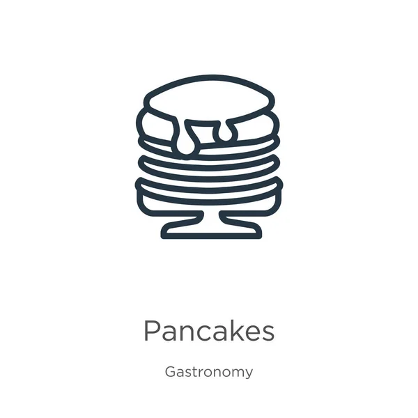 パンケーキのアイコン。薄い線形のパンケーキアウトラインアイコンは、美食コレクションから白い背景に隔離されました。ラインベクトルパンケーキのサイン、ウェブとモバイル用のシンボル — ストックベクタ