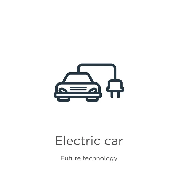 Een icoon voor elektrische auto. Dunne lineaire elektrische auto omtrek pictogram geïsoleerd op witte achtergrond van toekomstige technologie collectie. Line vector elektrische auto teken, symbool voor web en mobiel — Stockvector