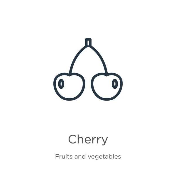 Icono de cereza. Icono de contorno de cereza lineal delgada aislado sobre fondo blanco de la colección de frutas. Signo de cereza vector de línea, símbolo para web y móvil — Vector de stock