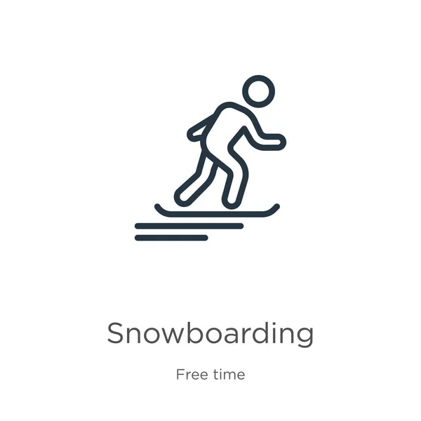 Icono de snowboard. Icono delgada línea de snowboard lineal aislado sobre fondo blanco de la colección de tiempo libre. Signo de snowboard vector de línea, símbolo para web y móvil — Vector de stock