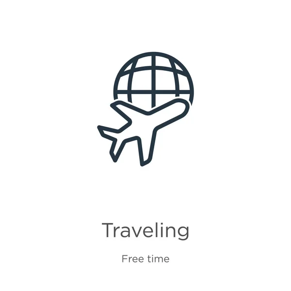 Seyahat ikonu. Serbest zaman koleksiyonundan beyaz arkaplanda izole edilmiş ince doğrusal seyahat simgesi. Çizgi vektör seyahat işareti, ağ ve mobil sembolü — Stok Vektör
