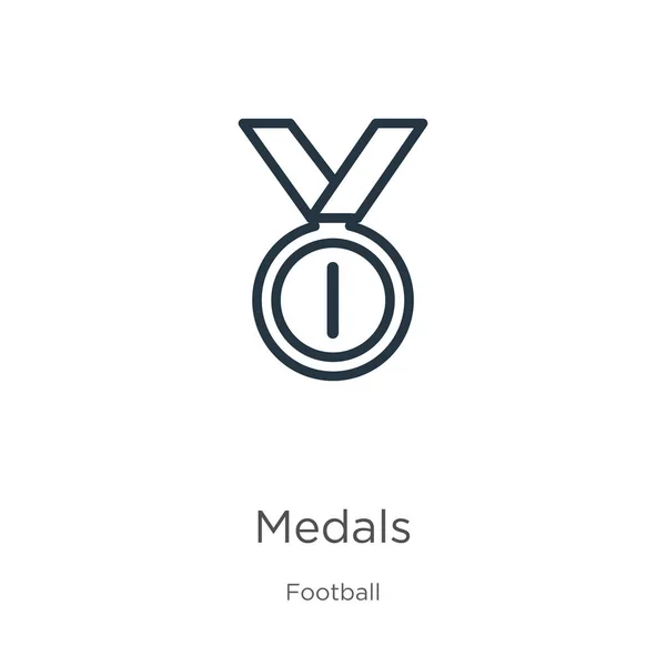 Medals icon. Thin linear medals outline icon isolated on white background from football collection. Line vector medals sign, symbol for web and mobile — Stock Vector