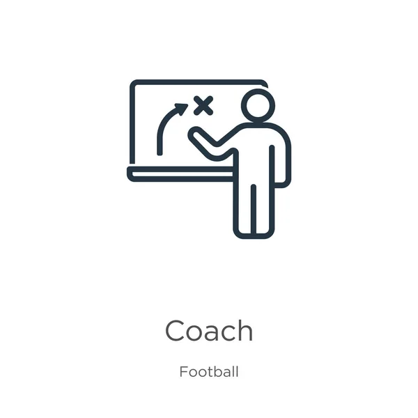 Trainer-Ikone. dünne lineare Trainer Umriss Symbol isoliert auf weißem Hintergrund aus Fußball-Sammlung. Linienvektorunterschrift, Symbol für Web und Mobile — Stockvektor