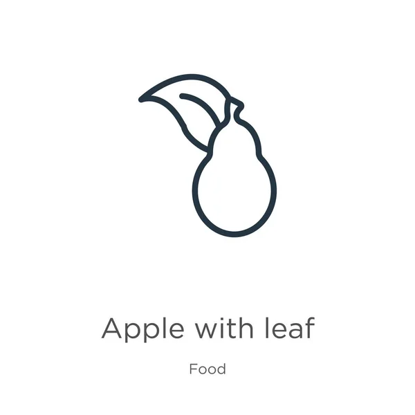 Jabłko z ikoną liści. Cienkie liniowe jabłko z ikoną konturu liści wyizolowane na białym tle z kolekcji żywności. Linia wektor jabłko ze znakiem liści, symbol sieci web i mobile — Wektor stockowy