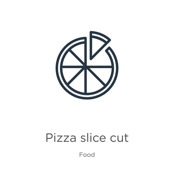 Pizza plak gesneden pictogram. Dunne lineaire pizza plak gesneden omtrek pictogram geïsoleerd op witte achtergrond van voedsel collectie. Line vector pizza plak gesneden bord, symbool voor web en mobiel — Stockvector