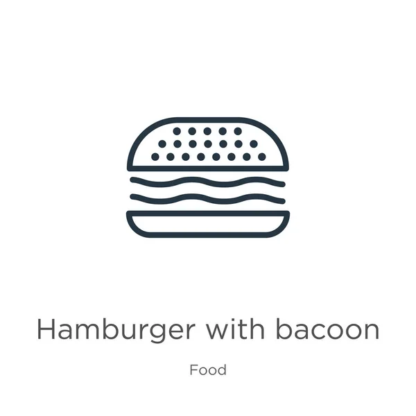 Bacoon ikonlu hamburger. Beyaz arka planda yiyecek koleksiyonundan izole edilmiş ince doğrusal hamburger. Bacoon işaretli çizgi vektör hamburgeri, ağ ve mobil sembolü