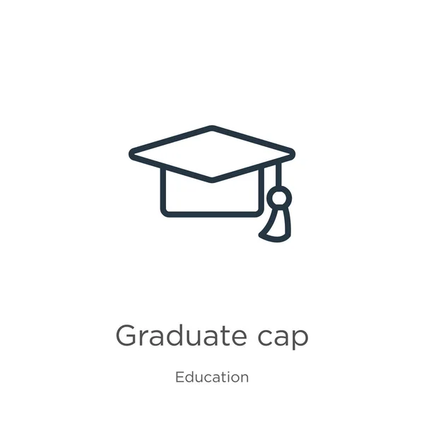 Icona del cappello laureato. Sottile lineare icona del profilo del cappello graduato isolato su sfondo bianco dalla collezione di istruzione. Segno di cappuccio graduato vettoriale linea, simbolo per web e mobile — Vettoriale Stock