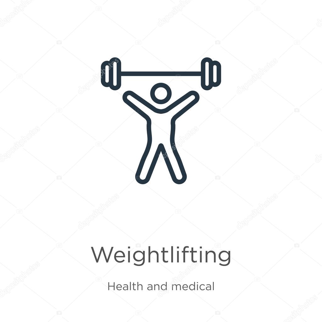 Weightlifting icon. Thin linear weightlifting outline icon isolated on white background from health collection. Line vector weightlifting sign, symbol for web and mobile
