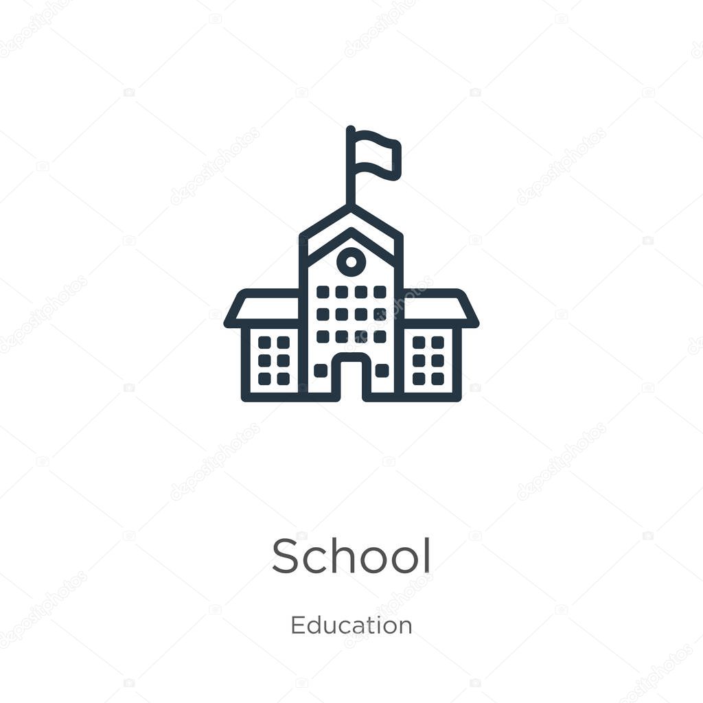School icon. Thin linear school outline icon isolated on white background from education collection. Line vector school sign, symbol for web and mobile