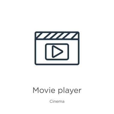 Film oyuncusu simgesi. Sinema koleksiyonundan izole edilmiş ince doğrusal film oyuncusu ana hatları simgesi. Satır vektörü film oynatıcı işareti, ağ ve mobil için sembol