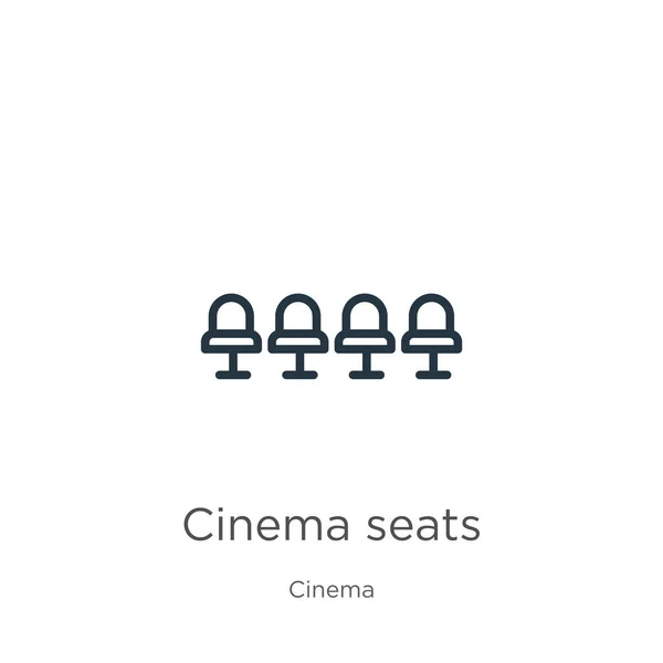 Ícone de lugares de cinema. Os assentos lineares finos do cinema esboçam o ícone isolado no fundo branco da coleção do cinema. Sinal de assentos de cinema vetorial de linha, símbolo de web e móvel —  Vetores de Stock