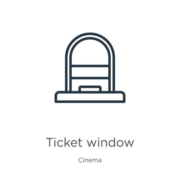 A jegyablak ikonja. Vékony lineáris jegy ablak vázlat ikon elszigetelt fehér háttér mozi gyűjtemény. Vonalvektor jegy ablak jel, szimbólum web és mobil — Stock Vector